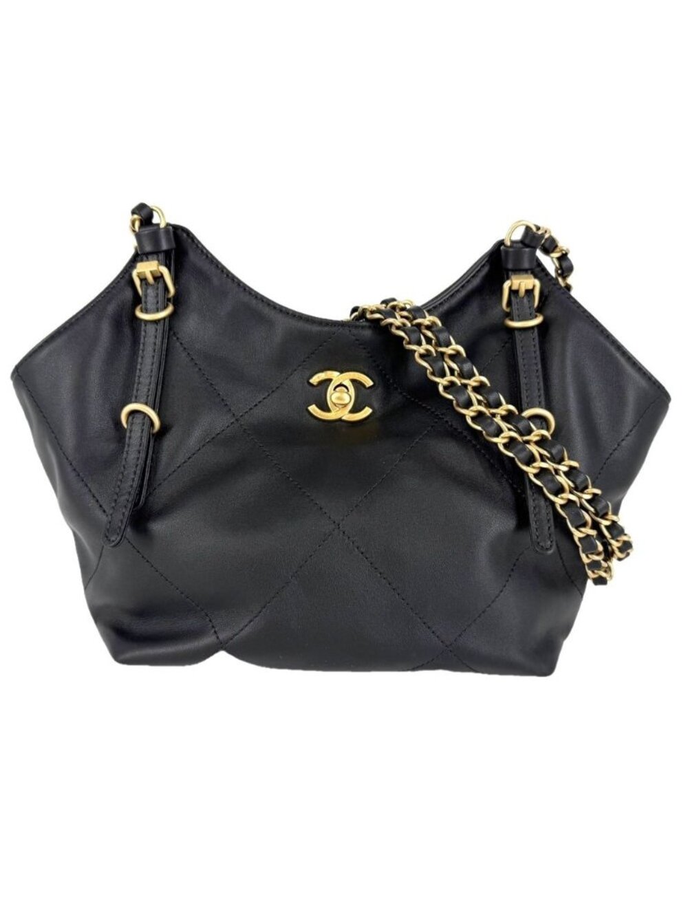 Chanel Handbag Small Shopping Bag CC Logo Turnlock Leather Black Gold